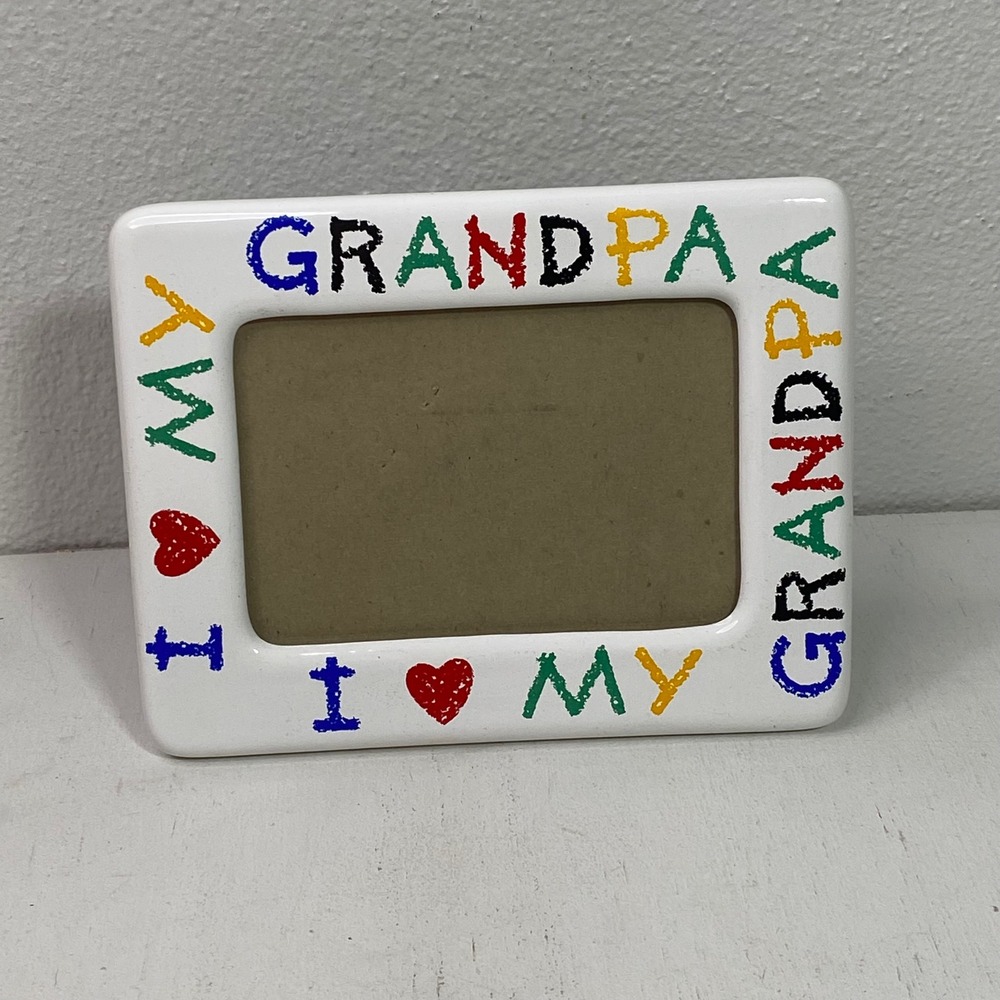 I Love My Grandpa Ceramic Picture Frame 4x6" Photo White Multi Color Crayon